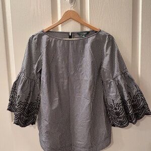 Ralph Lauren Black/White Ruffled Bell Sleeve Blouse